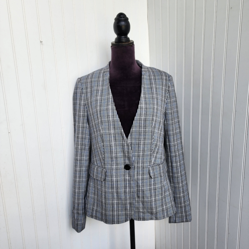 NWT $88 Premise Studio Multicolor Houndstooth Plaid One Button Blazer Gray Sz 8